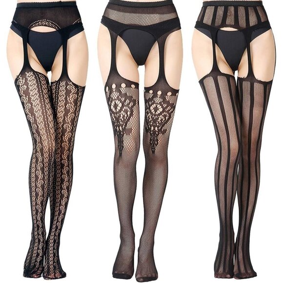 Accessories - Women's Black Fishnet Tights Set with Lace and Striped Patterns Stylish